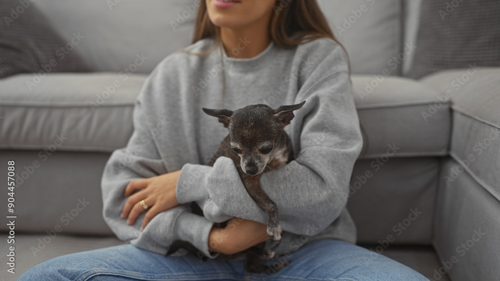 Obraz premium A young woman holding a chihuahua in a cozy living room, expressing care and companionship.