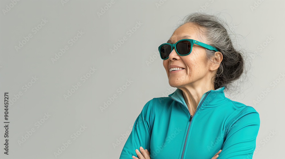 happy senior Asian woman in blue sportswear and cool sunglasses looking to the side, isolated on a light grey background with space for copy text happy senior Asian woman in blue sportswear and cool sunglasses looking to the side, isolated on a light grey background with space for copy text