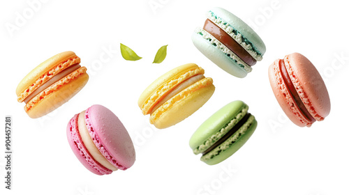 Colorful French macarons on a white background. Perfect for dessert-themed designs, food blogs, and culinary publications.