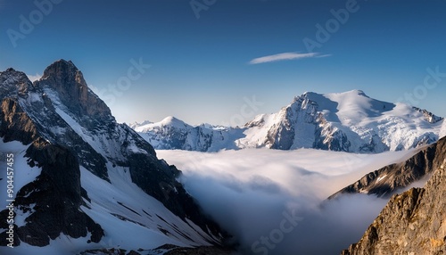 snow capped mountain peak rising above the clouds fog rolling into the valley under the snow capped mountains rugged alpine mountains with snow capped peaks