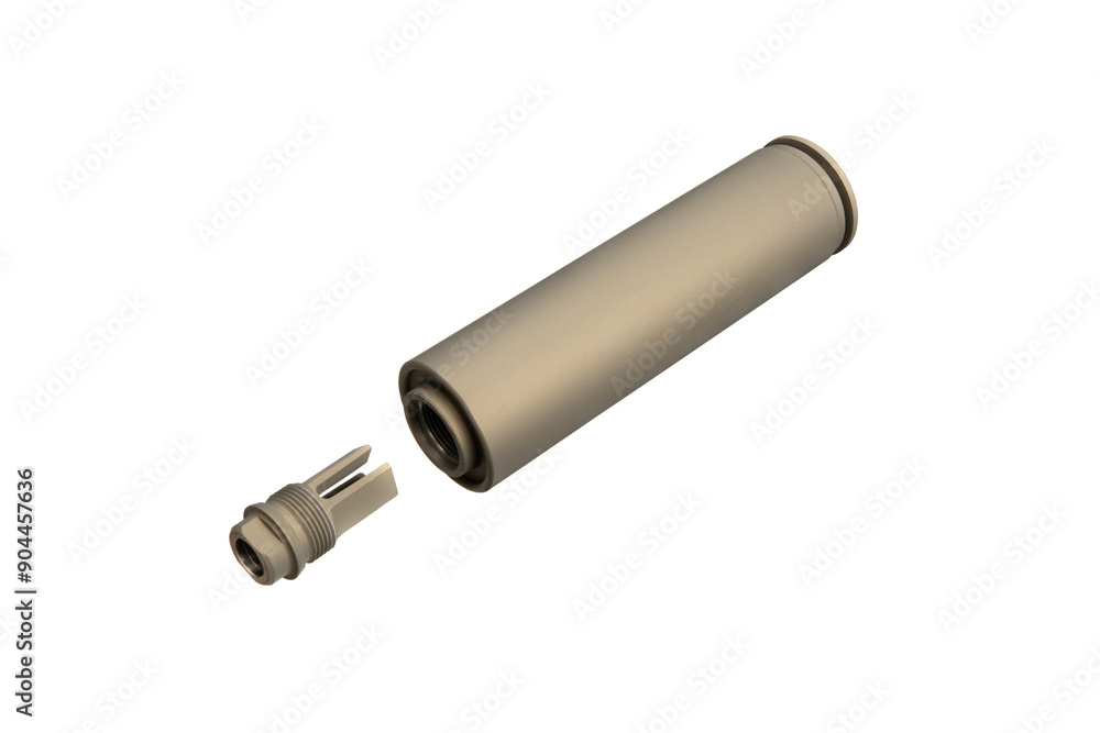 FDE silencer for weapons. Suppressor that is at the end of an assault rifle. Isolate on a white back FDE silencer for weapons. Suppressor that is at the end of an assault rifle. Isolate on a white back
