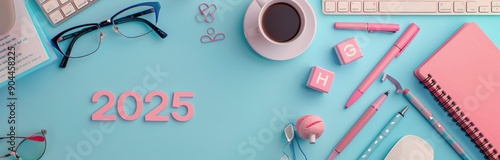Pink Desk Setup With Laptop, Keyboard, Pens, and Accessories on Blue Background