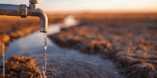 Water Flowing From Faucet Onto Dry Landscape During Sunset