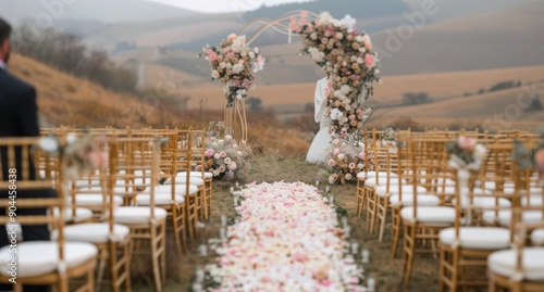 Elegant Outdoor Wedding Ceremony With Floral Arch and Scenic Landscape