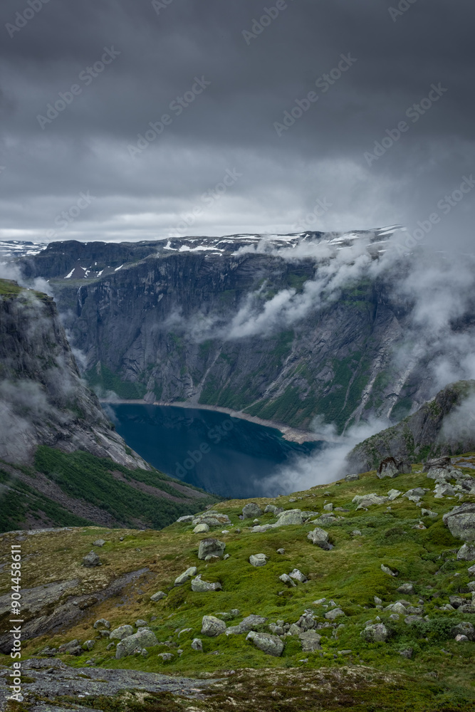 Beautiful view of the lake in Trolltunga hiking trail, Norway Beautiful view of the lake in Trolltunga hiking trail, Norway