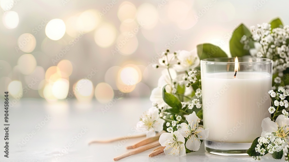 A candle rests beside a bouquet of white blossoms and lush foliage on a pristine backdrop, bathed in soft shadows A candle rests beside a bouquet of white blossoms and lush foliage on a pristine backdrop, bathed in soft shadows