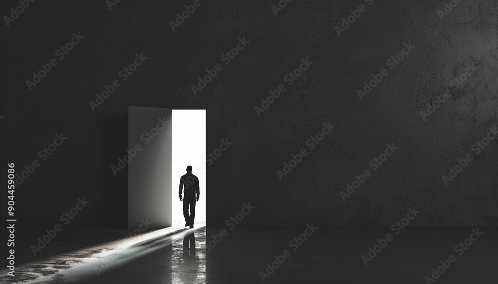 Silhouette of a man walking through an open door towards a bright light in a dark, minimalist room, symbolizing hope and new beginnings. Silhouette of a man walking through an open door towards a bright light in a dark, minimalist room, symbolizing hope and new beginnings.