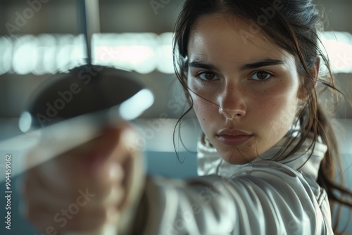 A young fencer, fully focused and determined, points her sword directly at the camera during an intense practice session, showcasing her dedication to the martial art of fencing. photo