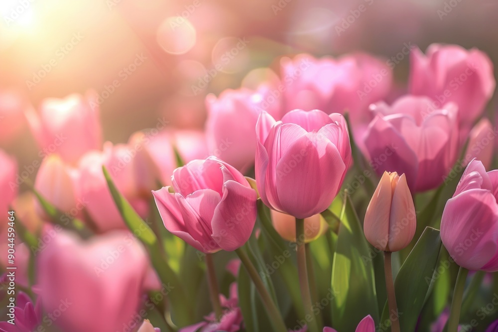 Fototapeta premium A bouquet of pink tulips growing in a lush green field, perfect for spring and Easter themed designs