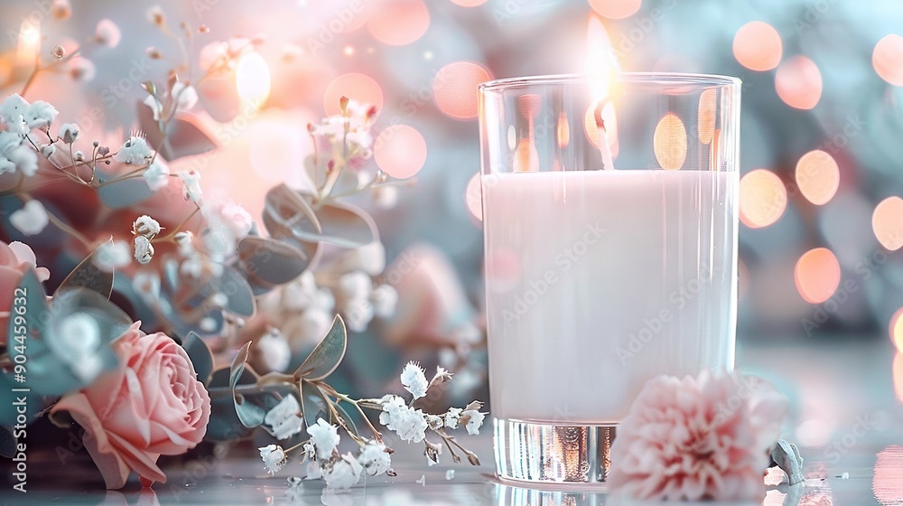 A close-up of a glass of milk with a candle centered and a bouquet of flowers behind it A close-up of a glass of milk with a candle centered and a bouquet of flowers behind it