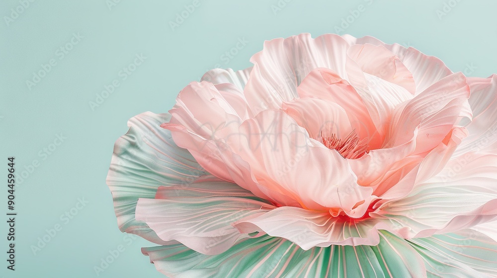 Pink flower on green vase with pink and white flowers against blue background Pink flower on green vase with pink and white flowers against blue background