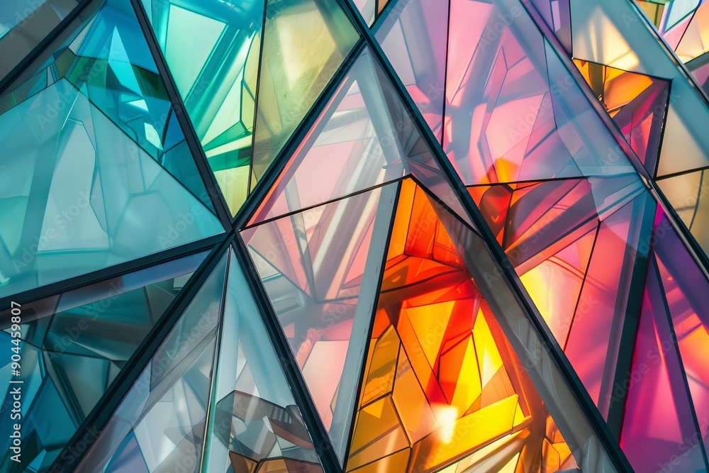 Abstract colorful glass facade reflecting warm sunset light, modern building exterior Abstract colorful glass facade reflecting warm sunset light, modern building exterior