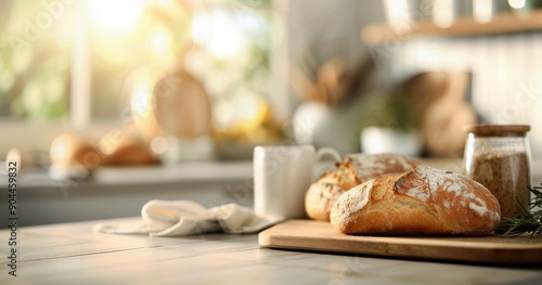 Freshly Baked Bread Rolls in a Sunlit Kitchen With Rustic Decor