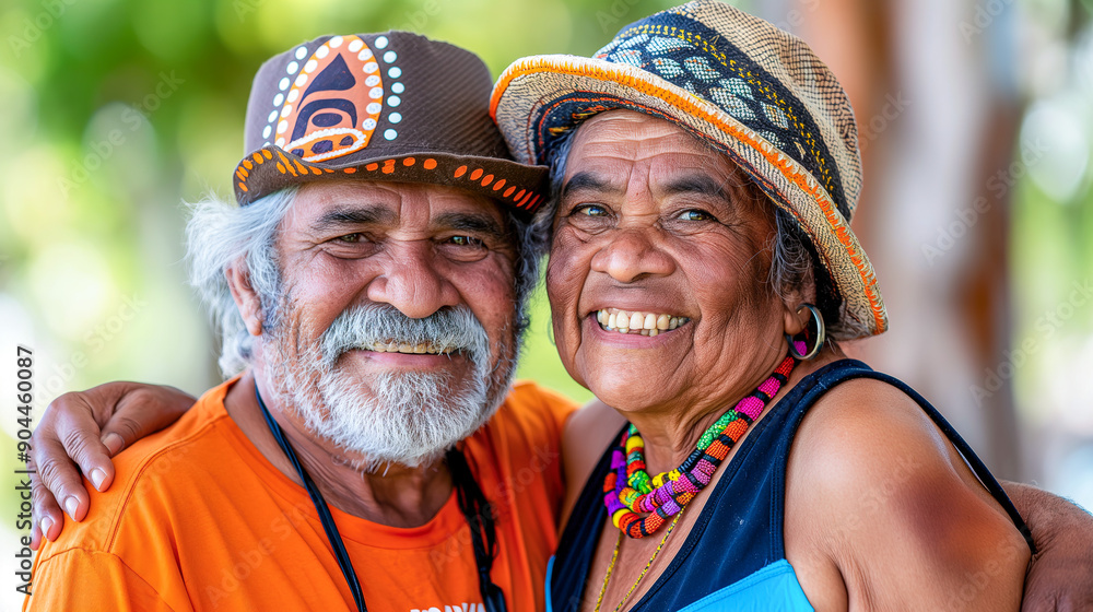 Fototapeta premium Australian aboriginal man and woman, smiling at the camera with their arms around each other. man wearing Orange t-shirt with a hat and woman wearing necklaces and hat. hugging senior couple