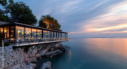 Seaside Dining at Sunset in Coastal Restaurant With Ocean View