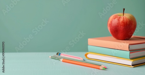 Colorful Pencils and Red Apples Resting on Stacked Books in Tranquil Setting