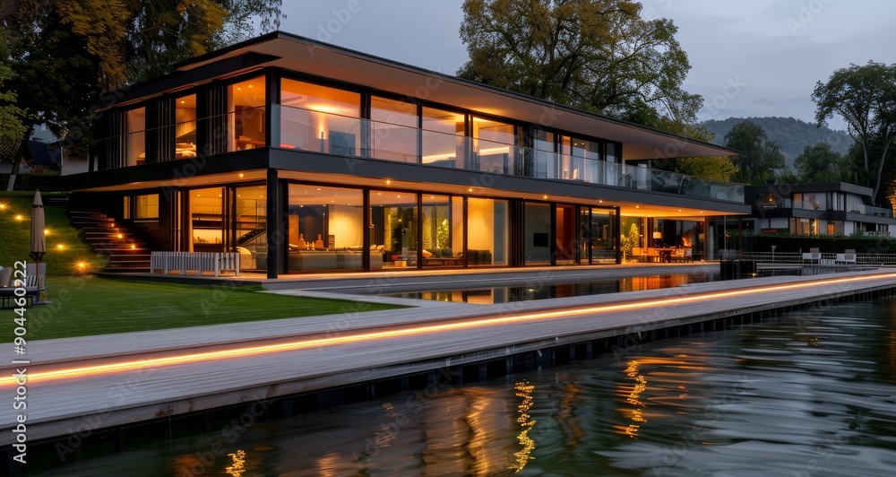 Obraz premium Modern Lakeside House at Dusk With Illuminated Exterior and Reflective Water
