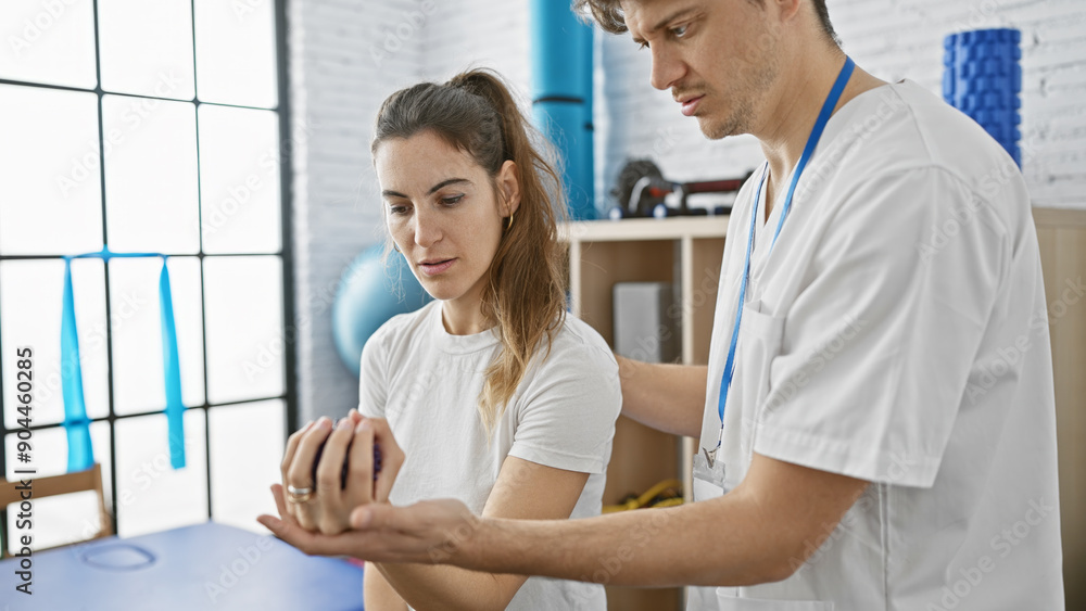 A male therapist in a clinic assists a focused woman with her hand rehabilitation exercises indoors. A male therapist in a clinic assists a focused woman with her hand rehabilitation exercises indoors.