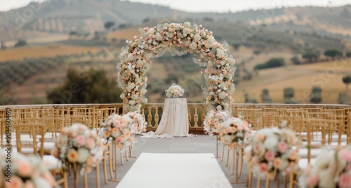 Elegant Outdoor Wedding Ceremony With Floral Arch and Scenic Landscape
