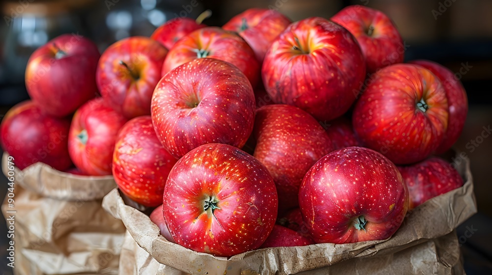 A bag of red apples sits on a table A bag of red apples sits on a table