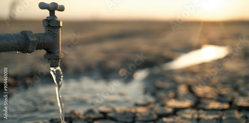 Water Flowing From Faucet Onto Dry Landscape During Sunset