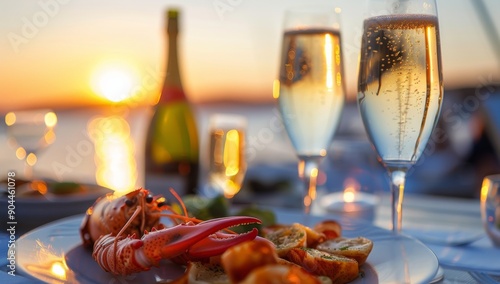 Elegant Seafood Dinner With Champagne at Sunset by the Water