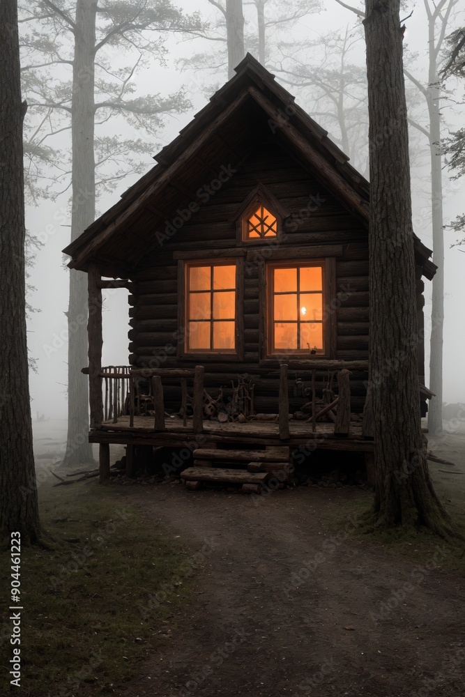 Warm-lit cabin glows softly amidst a fog-shrouded forest during twilight hours, halloween mood Warm-lit cabin glows softly amidst a fog-shrouded forest during twilight hours, halloween mood