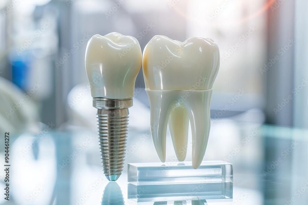 Dental implant model standing on a glass surface in a dental clinic Dental implant model standing on a glass surface in a dental clinic