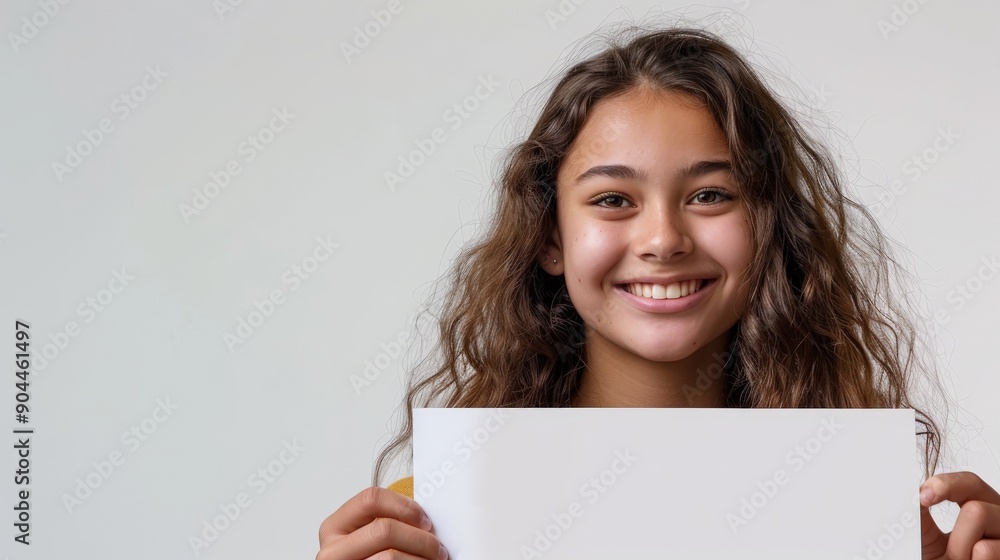 Naklejka premium Teen girl with curly hair beams with happiness as she holds a blank white sheet of paper, captured in a portrait-style photograph against a neutral background.