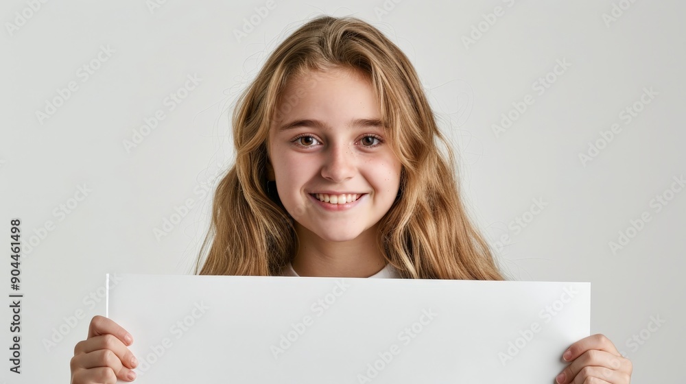 Naklejka premium Happy girl with long straight hair smiles brightly while holding a blank white board, posing against a neutral background for a portrait-style stock photograph.