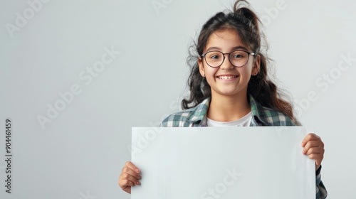 Young girl with glasses and long dark hair smiles warmly as she holds a blank white board, wearing a plaid shirt, posed for a stock photo against a plain background. photo