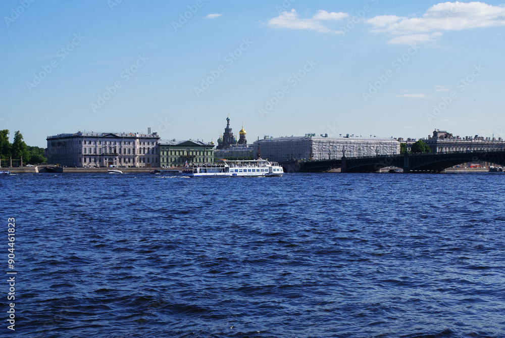 A pleasure boat floating on the river, river canals, tourist walks, Vacation. A pleasure boat floating on the river, river canals, tourist walks, Vacation.