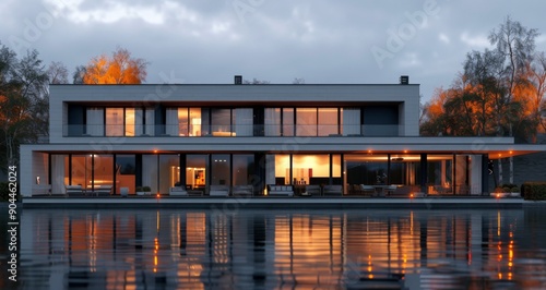 Modern House Overlooking Reflective Water at Dusk With Warm Interior Lights