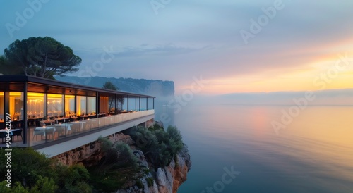 Seaside Dining at Sunset in Coastal Restaurant With Ocean View