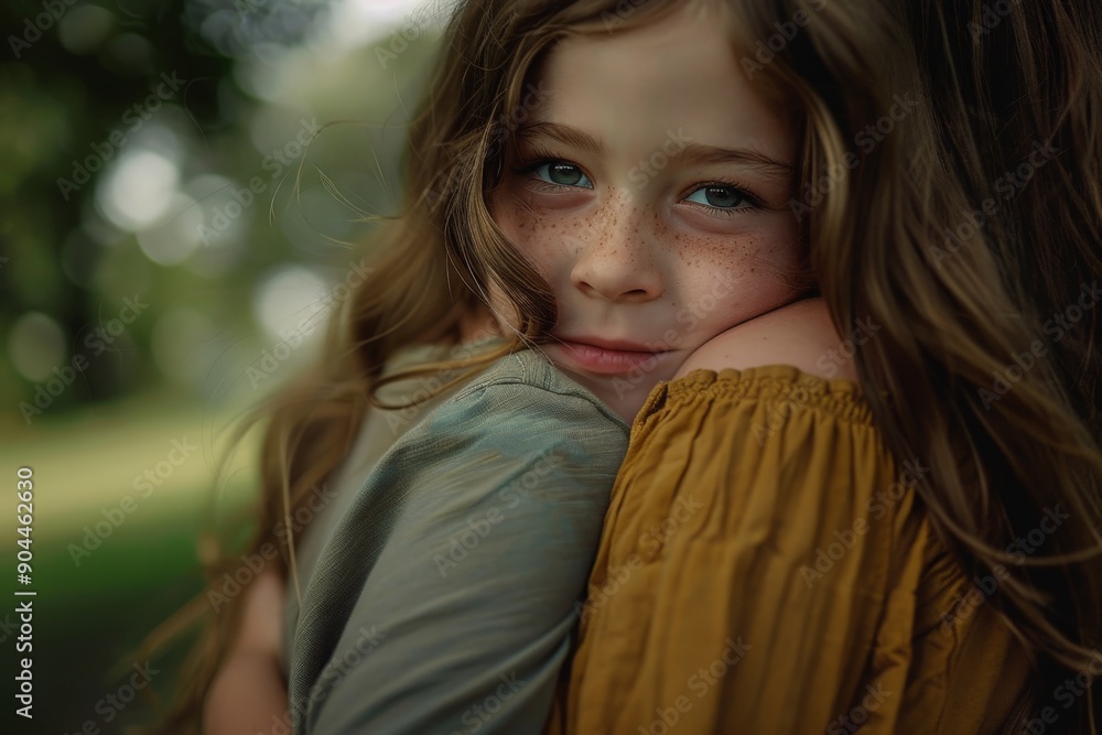 A young girl with long hair and freckles hugs an adult, wearing a serene expression as they stand in a park with blurred greenery in the background, capturing a tender moment. A young girl with long hair and freckles hugs an adult, wearing a serene expression as they stand in a park with blurred greenery in the background, capturing a tender moment.