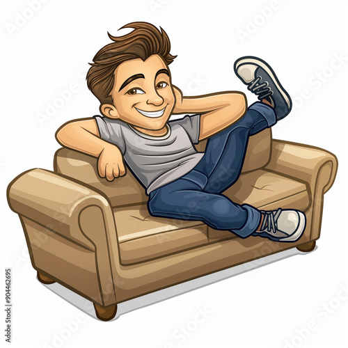 Comfortable Cartoon Avatar of Happy Male with Brown Hair Relaxing on Sectional Couch, Bitmoji Style photo