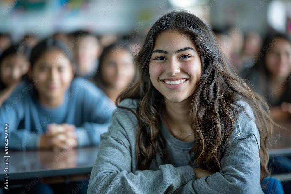 Smiling Female College Student Poses at Desk with Classmates in the Background Smiling Female College Student Poses at Desk with Classmates in the Background