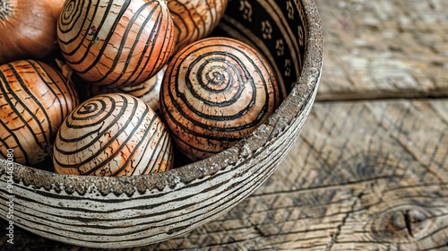  A close-up of a bowl with eggs sitting on a wooden table beside a chunk of wood