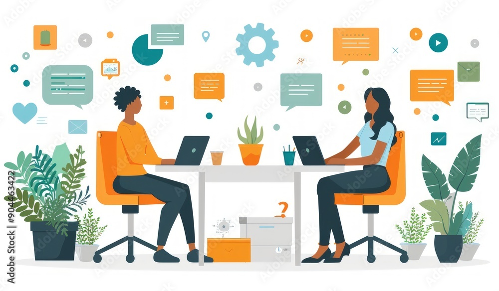 Illustration of two people sitting at a table with a laptop and documents in a flat style. Illustration of two people sitting at a table with a laptop and documents in a flat style.