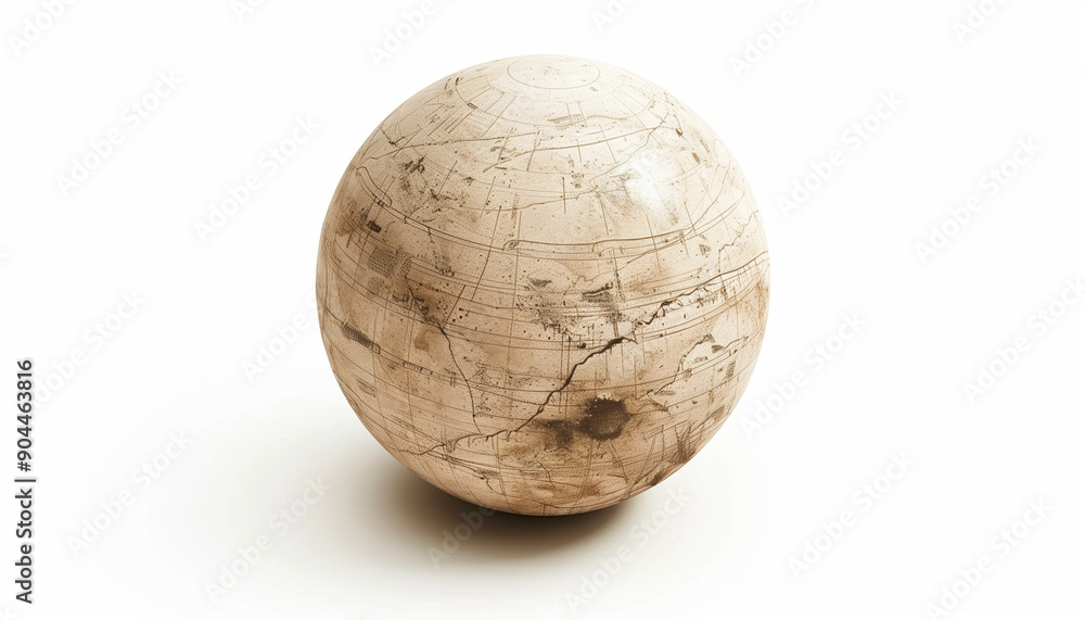 An ancient, weathered globe showcasing a map with intricate, aged details, set against a white background. An ancient, weathered globe showcasing a map with intricate, aged details, set against a white background.