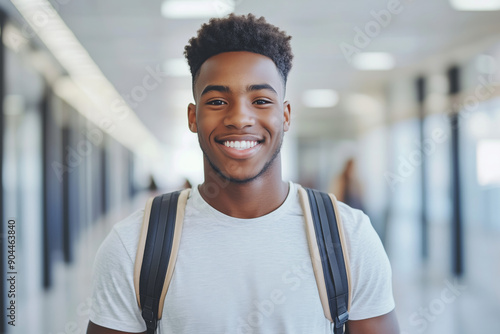 Portrait of smiling young black male student with a backpack walking in the school hallway,  back to school concept, copy space for text 