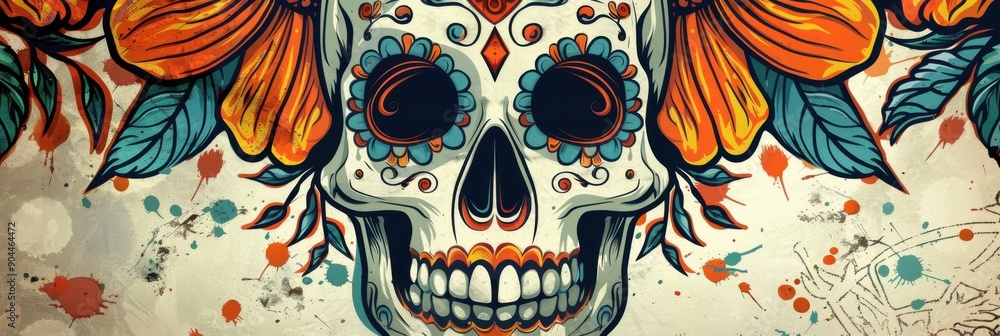 Fototapeta premium Vintage postcard. Day of the Dead in Mexico. Illustration with skull and orange flowers on a light background. Traditional Mexican holiday. Horizontal banner. Copy space. El dia de los muertos