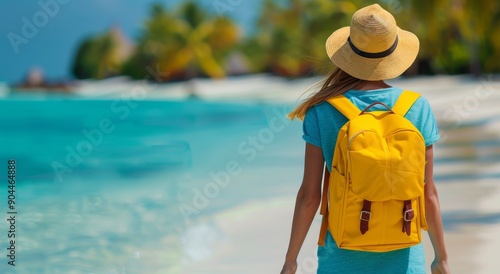 Young Woman With Yellow Backpack at Tropical Beach Resort on a Sunny Day