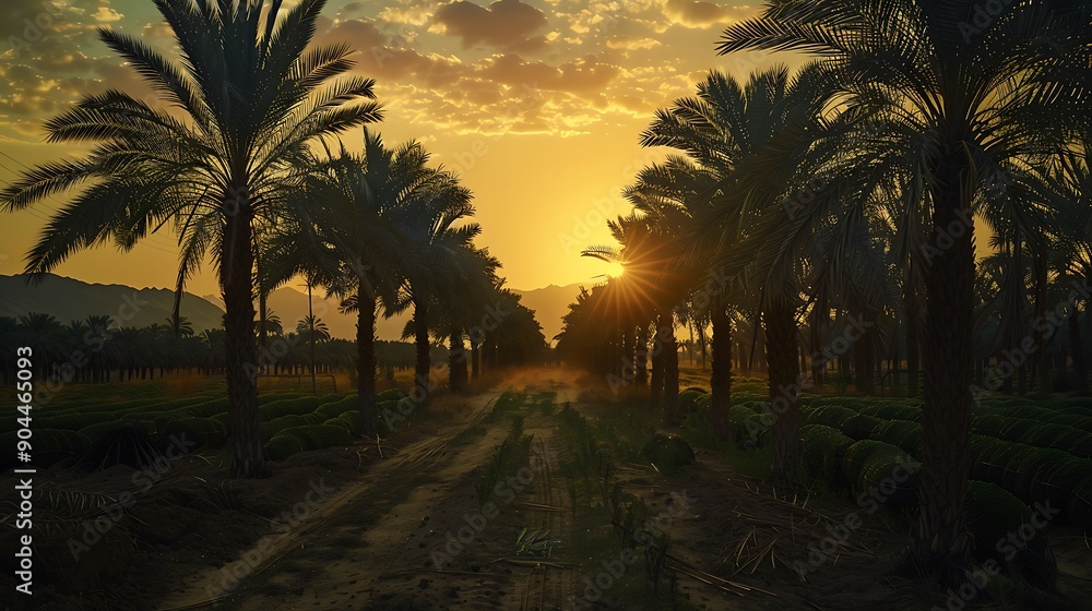 dates trees silhouetted a sunset in Arabian Peninsula dates trees silhouetted a sunset in Arabian Peninsula