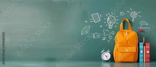 Yellow Backpack and Clock on Desk With Chalkboard in Classroom Setting