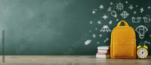 Yellow Backpack and Clock on Desk With Chalkboard in Classroom Setting