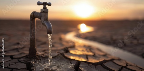 Water Flowing From Tap At Sunset Over Dry Riverbed
