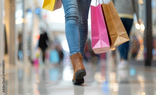 Shopper Walking Through Mall With Colorful Shopping Bags In Winter Outfit