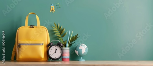 Bright Yellow Backpack Next to Books and Clock Near Chalkboard With Space Dra...