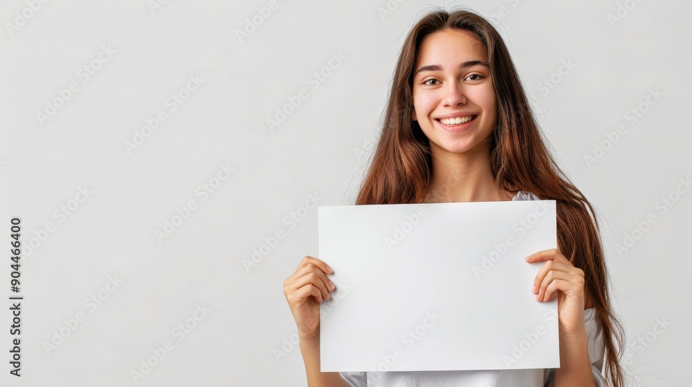 An excited young lady with long, dark hair holding a blank white sheet of paper, smiling widely against an empty background. An excited young lady with long, dark hair holding a blank white sheet of paper, smiling widely against an empty background.